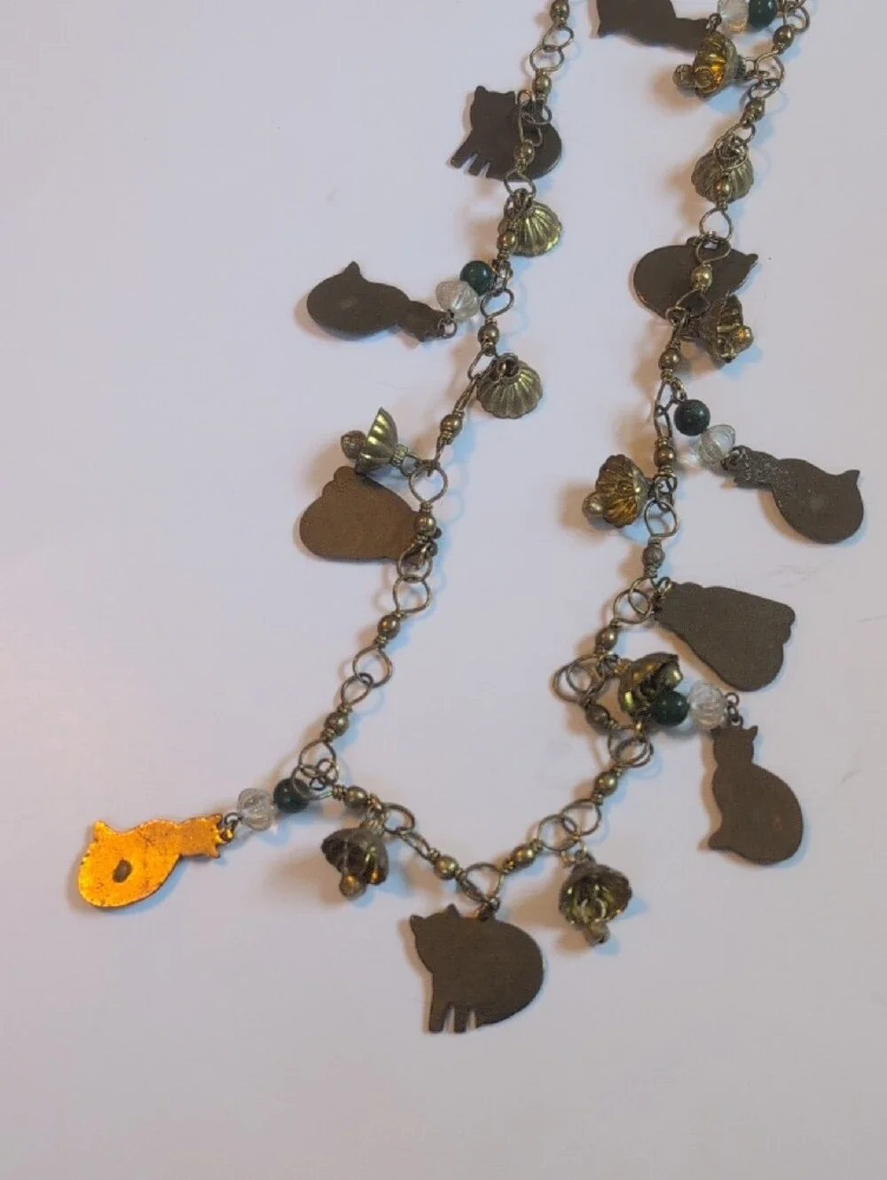 Vintage Laurel Burch Cat Charm Necklace - Antique Brass Tone